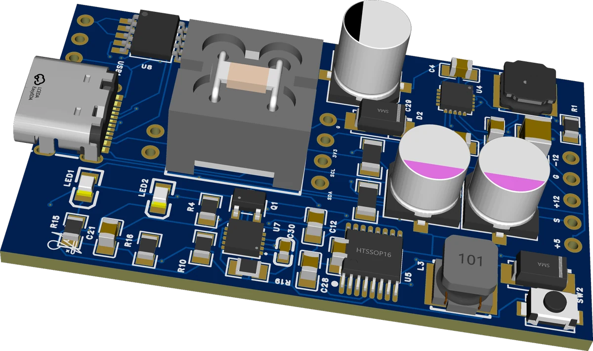Blue controller PCB render with dense power and interface electronics