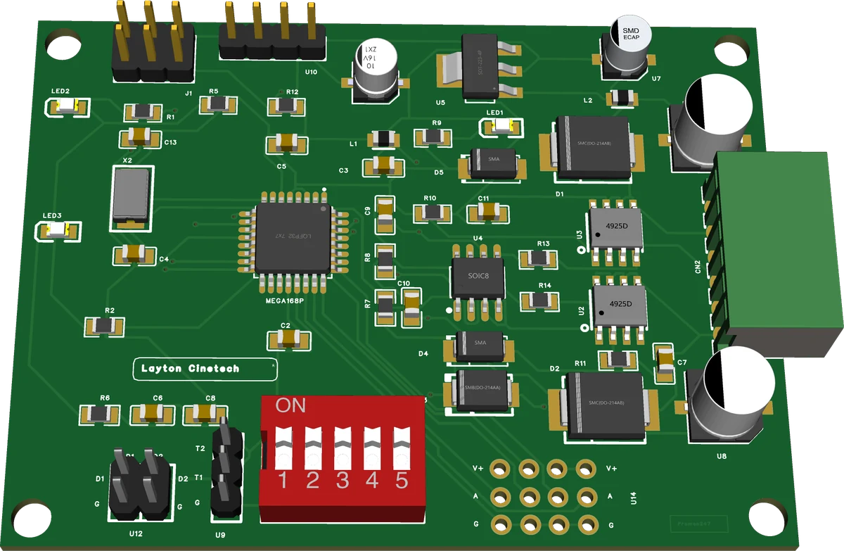 Green embedded controller PCB render with addressing and interfaces