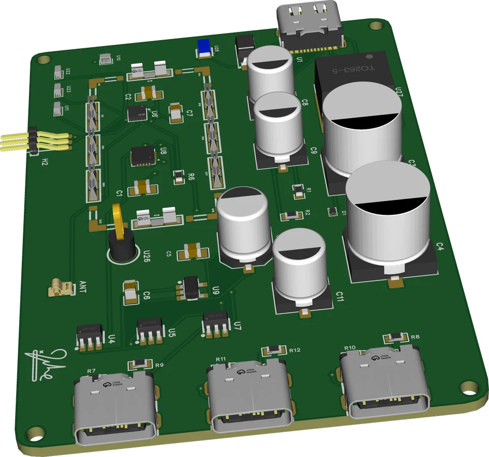Green embedded system PCB render with multiple connectors