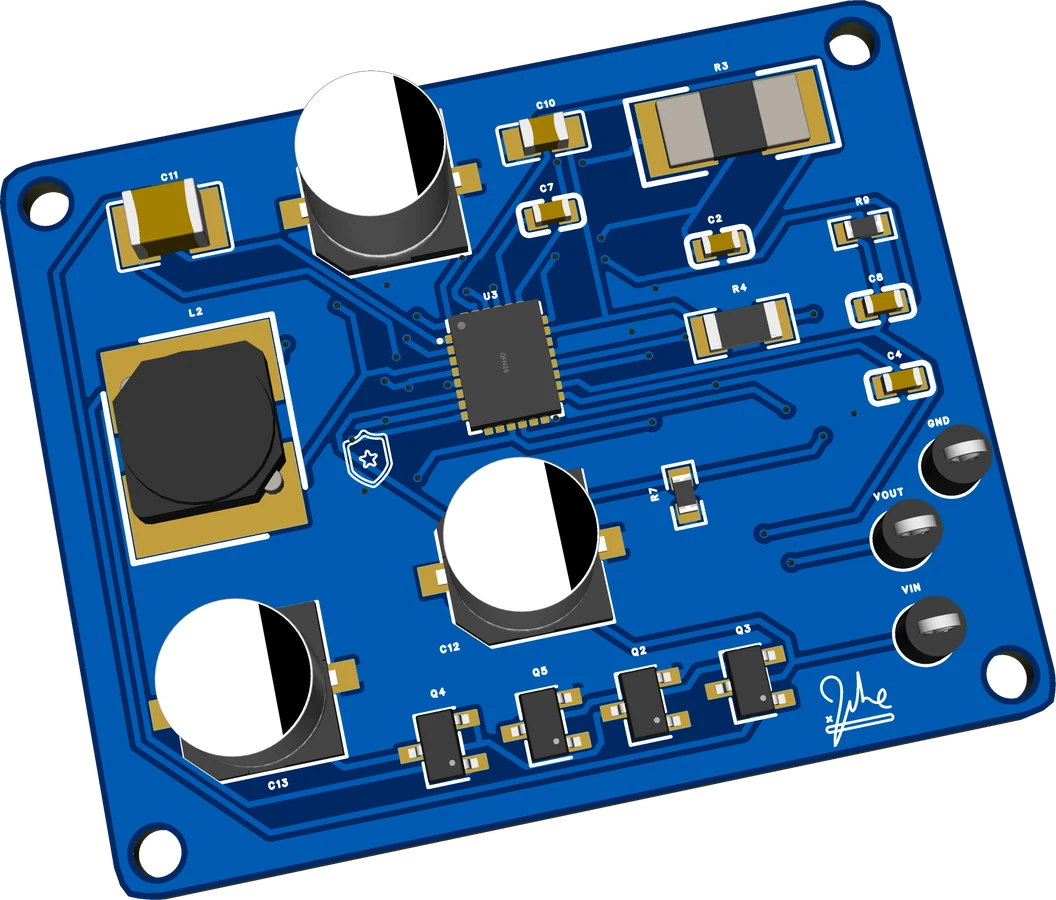 Power electronics PCB render on a dark engineering showcase